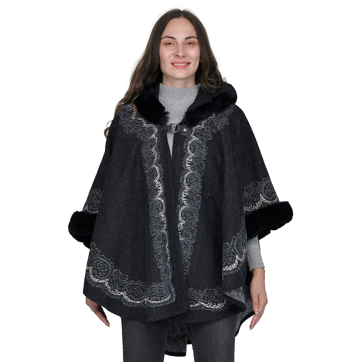 TAMSY Faux Fur Embroidered Detailing Women's Ruana - Black 7609175 0