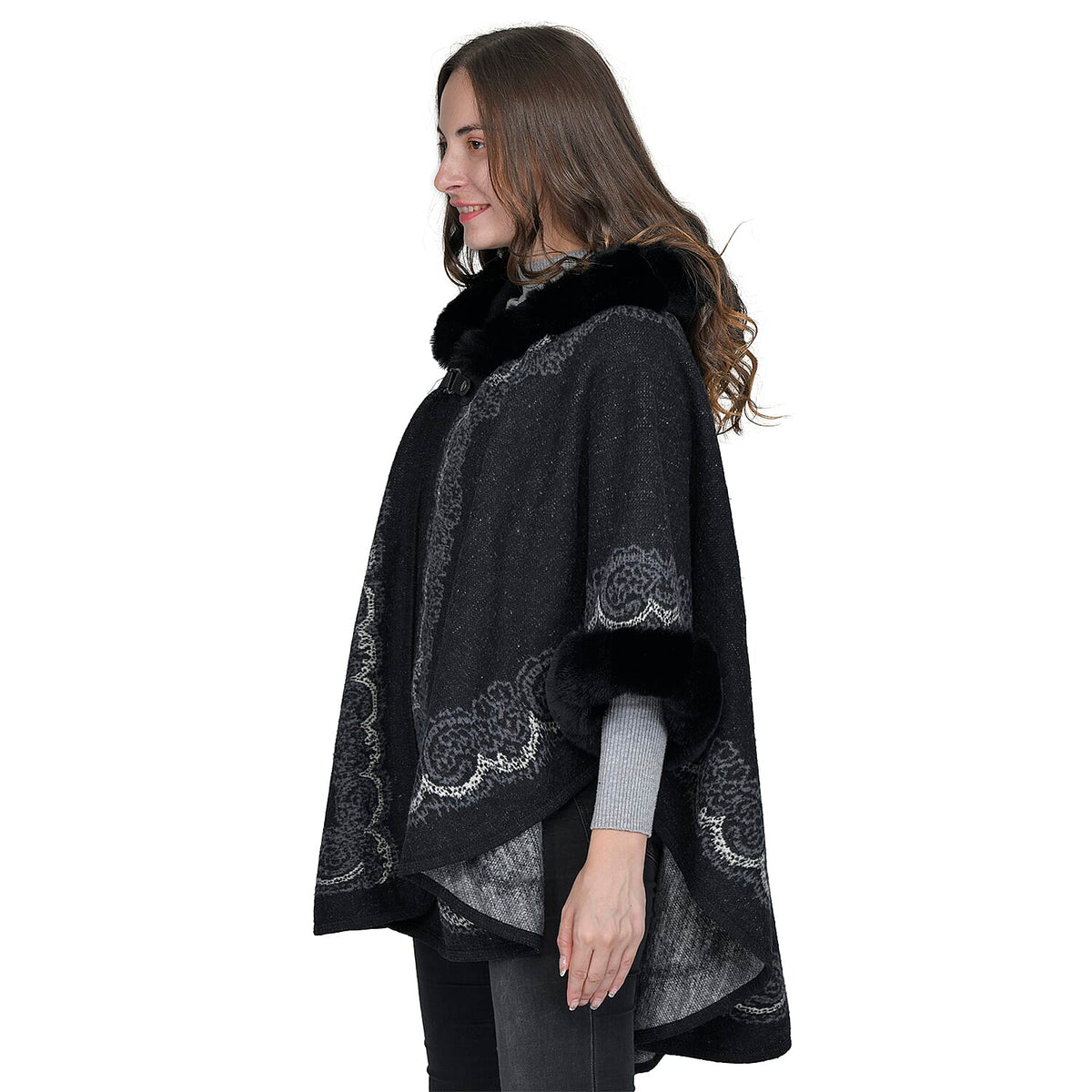 TAMSY Faux Fur Embroidered Detailing Women's Ruana - Black 7609175 2