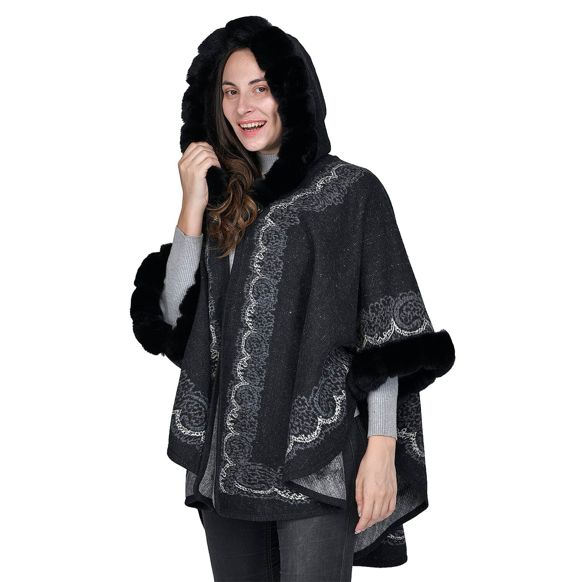 TAMSY Faux Fur Embroidered Detailing Women's Ruana - Black 7609175 3