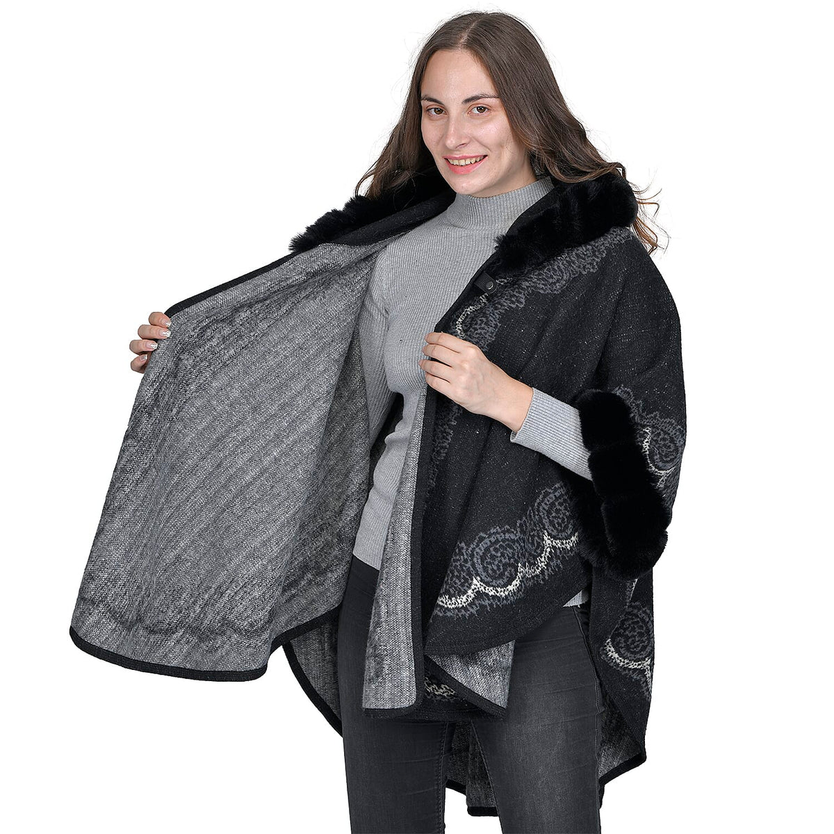 TAMSY Faux Fur Embroidered Detailing Women's Ruana - Black 7609175 4