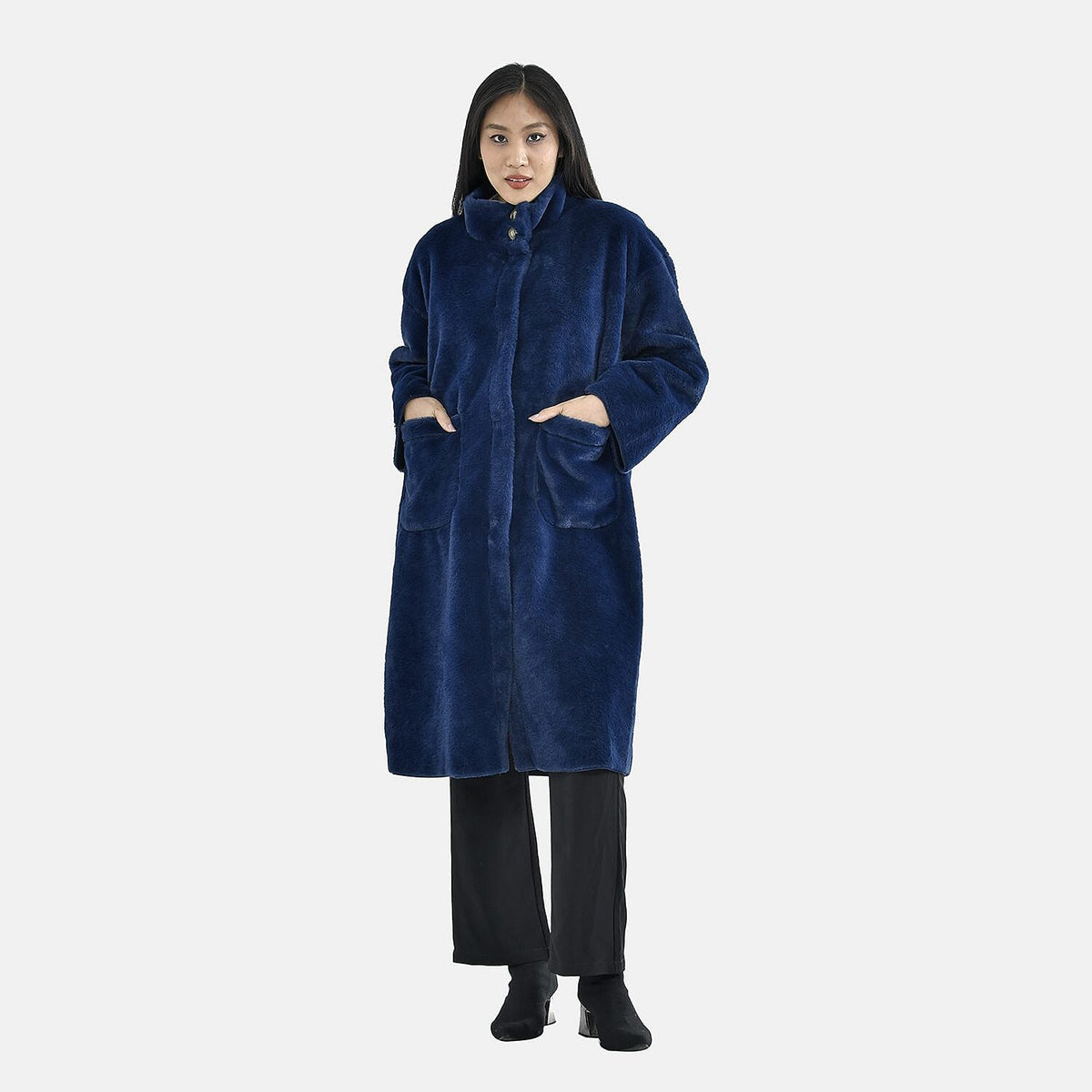 TAMSY Faux Fur Long Sleeves Women's Coat with High Neck - Dark Blue 7630435 0