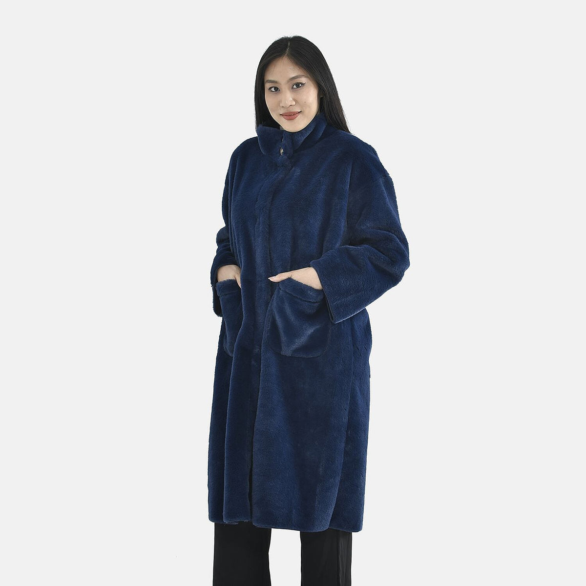 TAMSY Faux Fur Long Sleeves Women's Coat with High Neck - Dark Blue 7630435 3