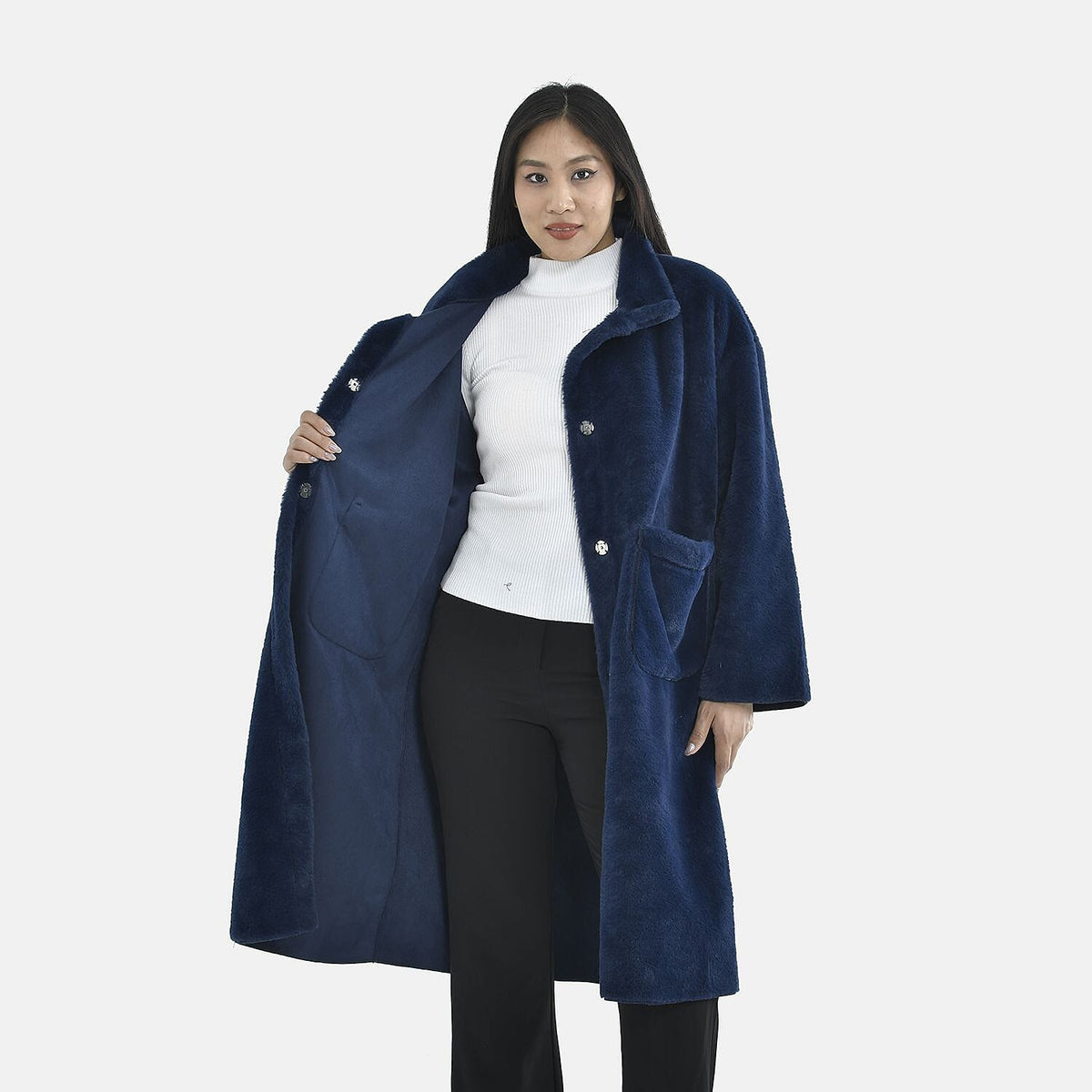 TAMSY Faux Fur Long Sleeves Women's Coat with High Neck - Dark Blue 7630435 4