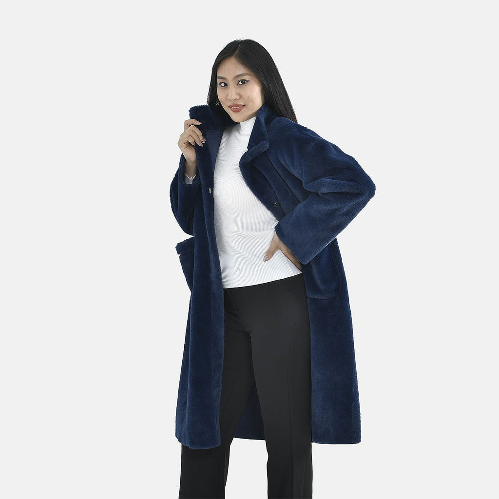 TAMSY Faux Fur Long Sleeves Coat with High Neck (Size L,16-18) - Dark Blue