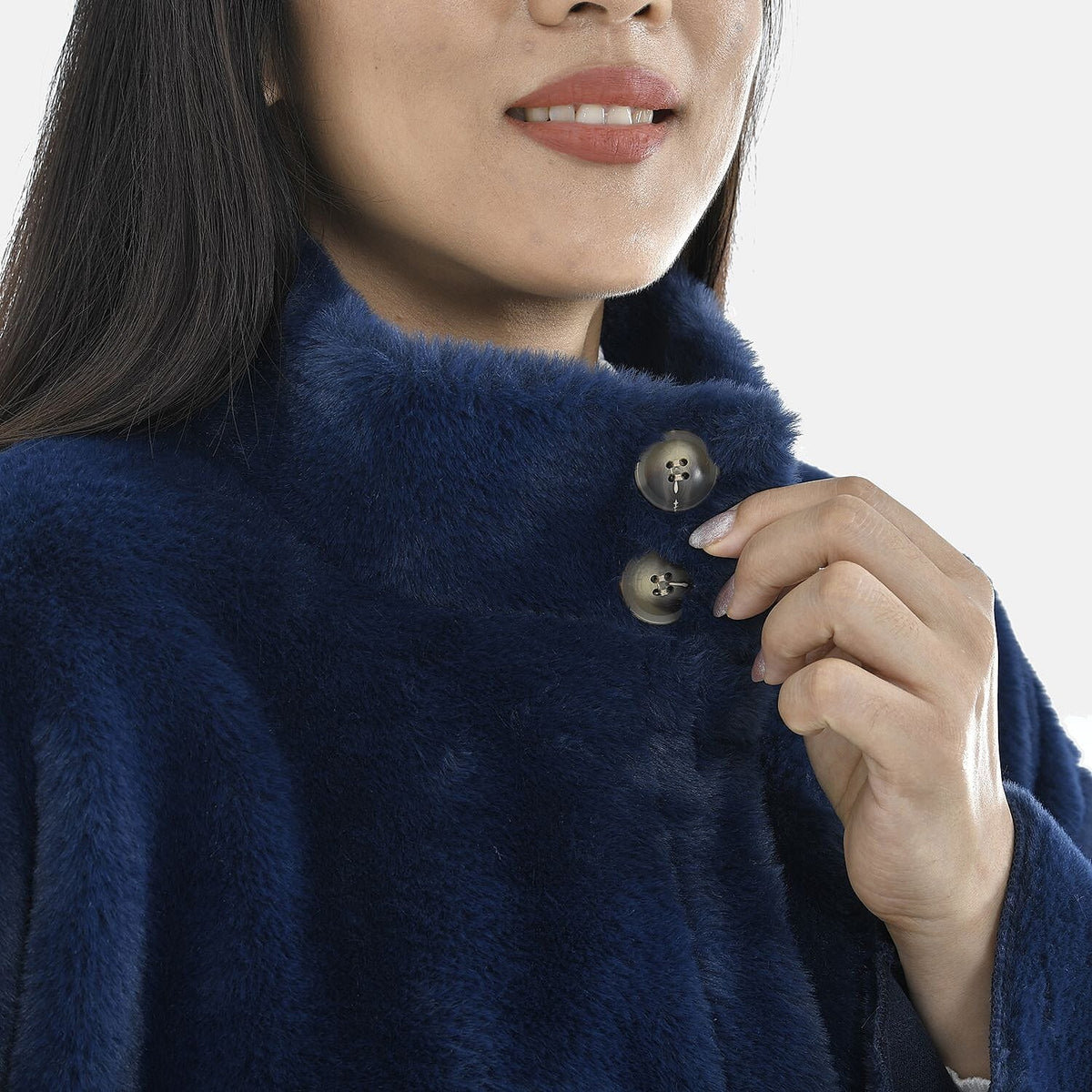 TAMSY Faux Fur Long Sleeves Women's Coat with High Neck - Dark Blue 7630435 6