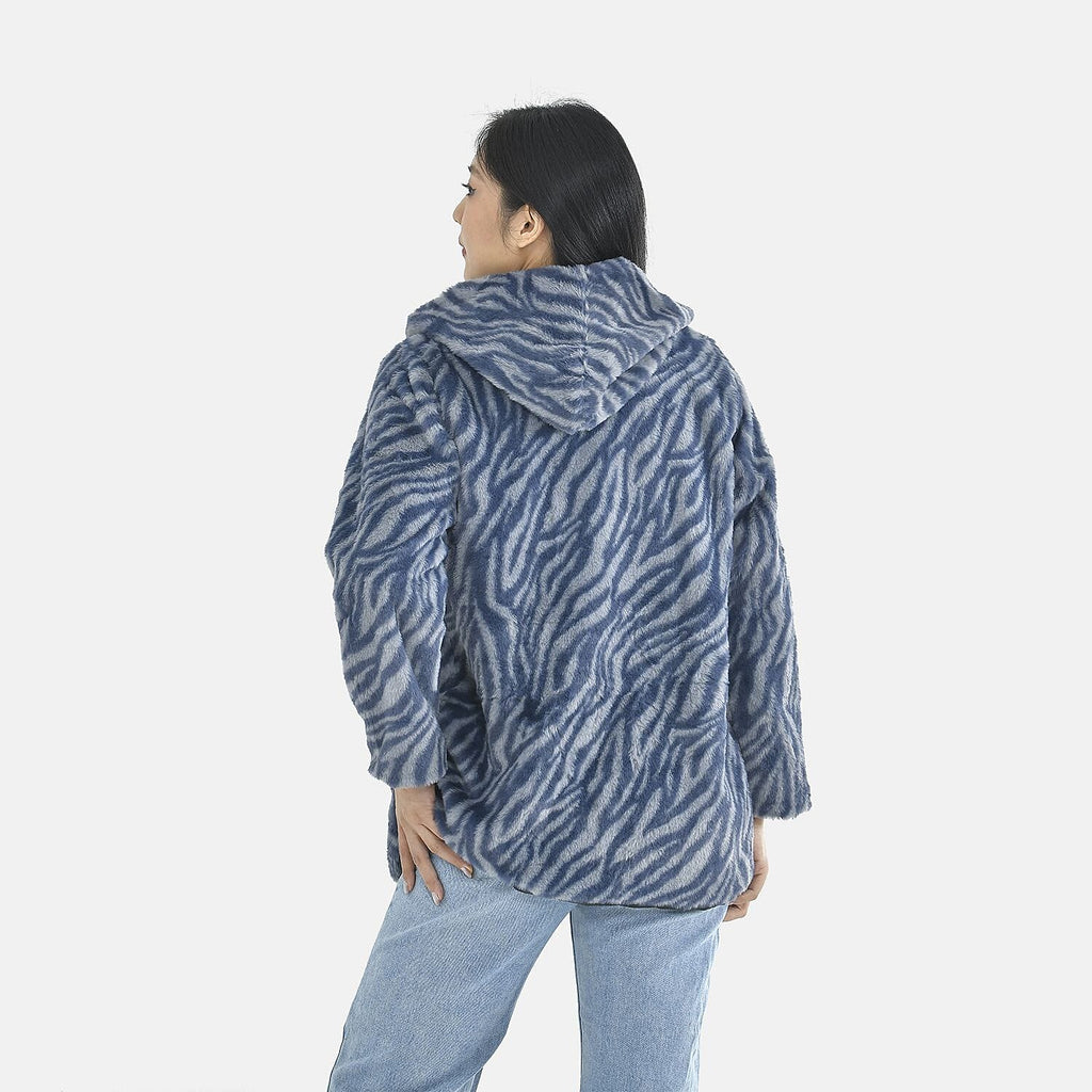 Tamsy Zebra Pattern Faux Fur Hoodie (Size M,12-14) - Grey - Blue