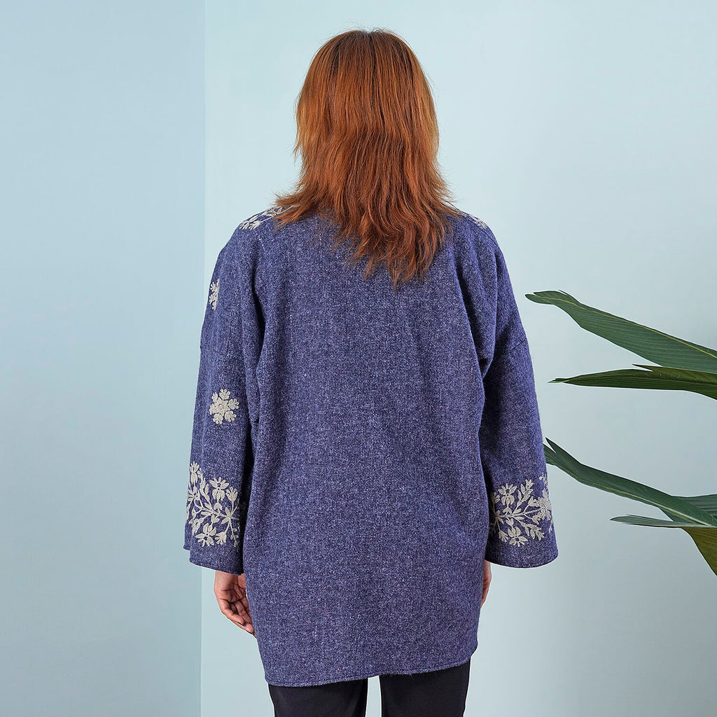 TAMSY Floral Embroidery Long Sleeves Kimono - Navy & Light Grey