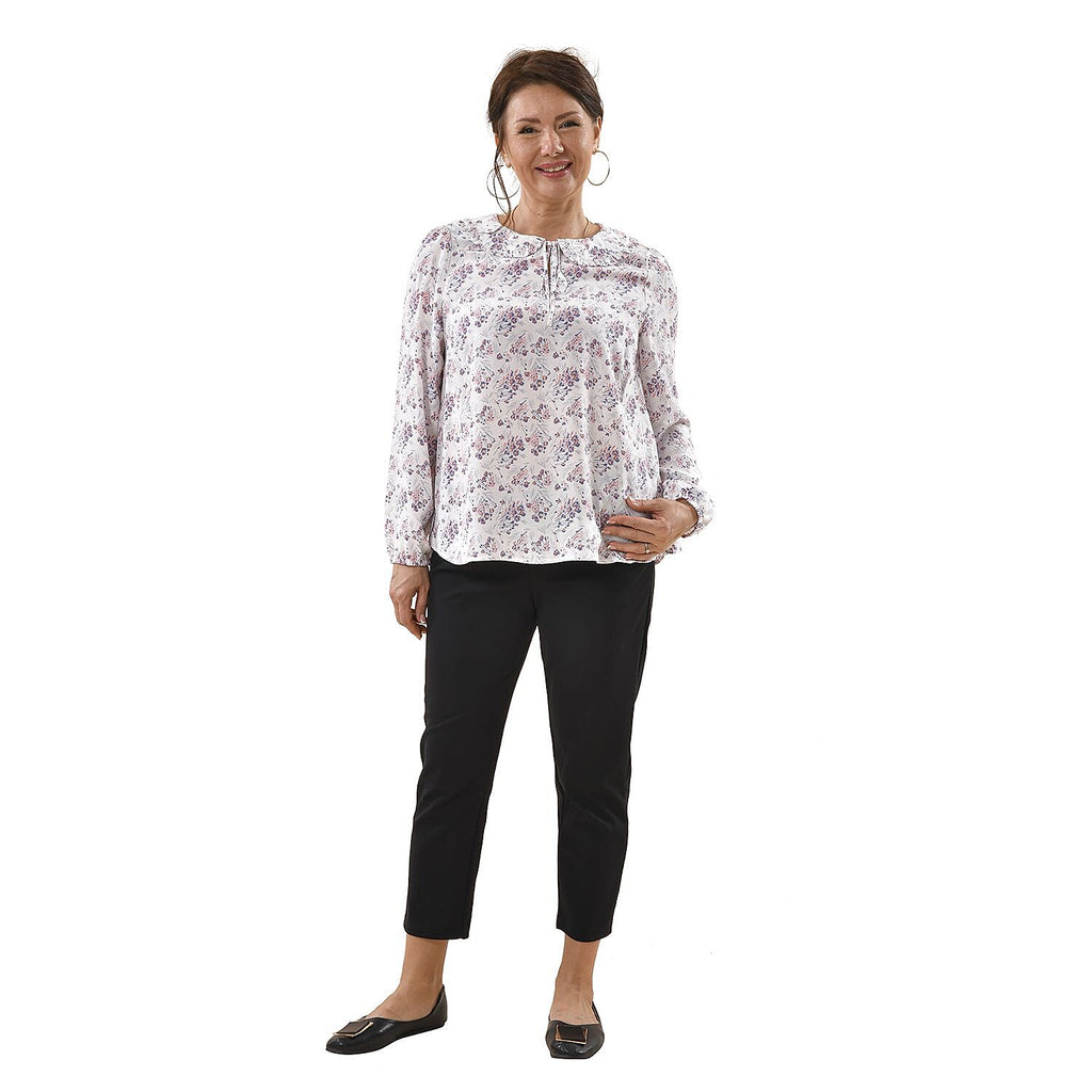 TAMSY 100% Viscose Floral Pattern Collar Blouse (Size L,16-18) - White
