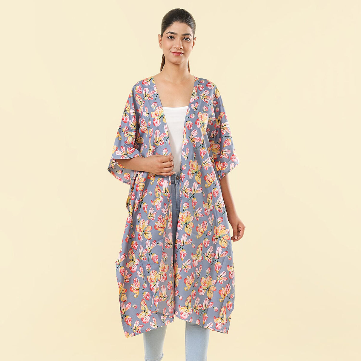 TAMSY Floral Pattern Kimono  - Grey and Multi 7596988 0