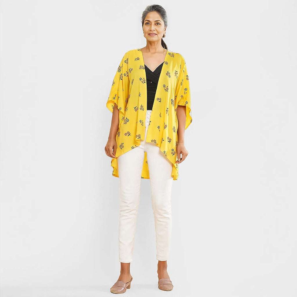 TAMSY 100% Viscose Floral Pattern Kimono (One Size) - Yellow