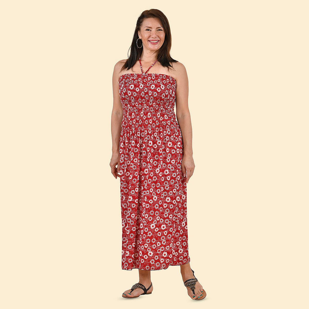 TAMSY Floral Pattern Smocked Dress  - Red and Off White 7322020 0