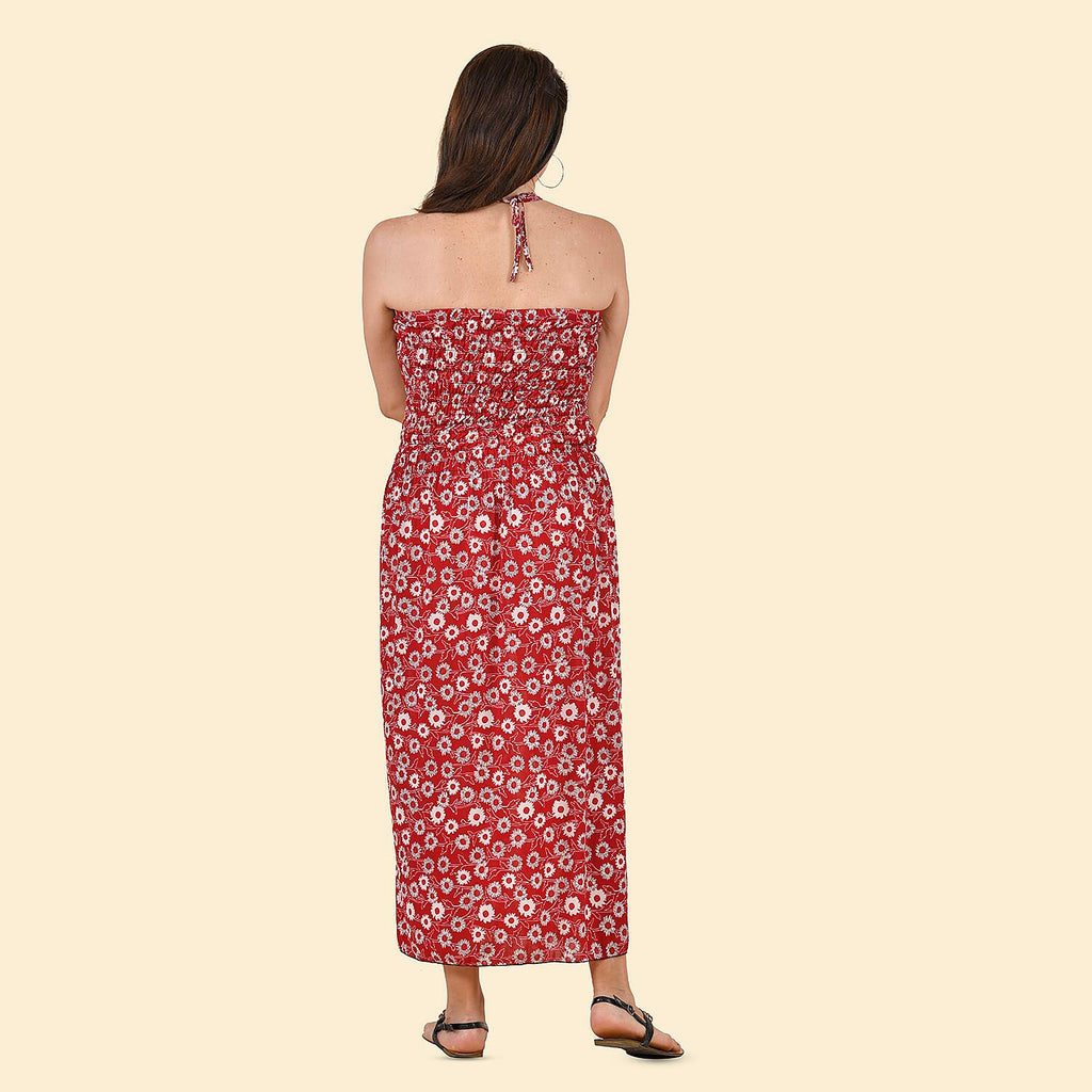 TAMSY Floral Pattern Smocked Dress (Size 8-20) - Red & Off White