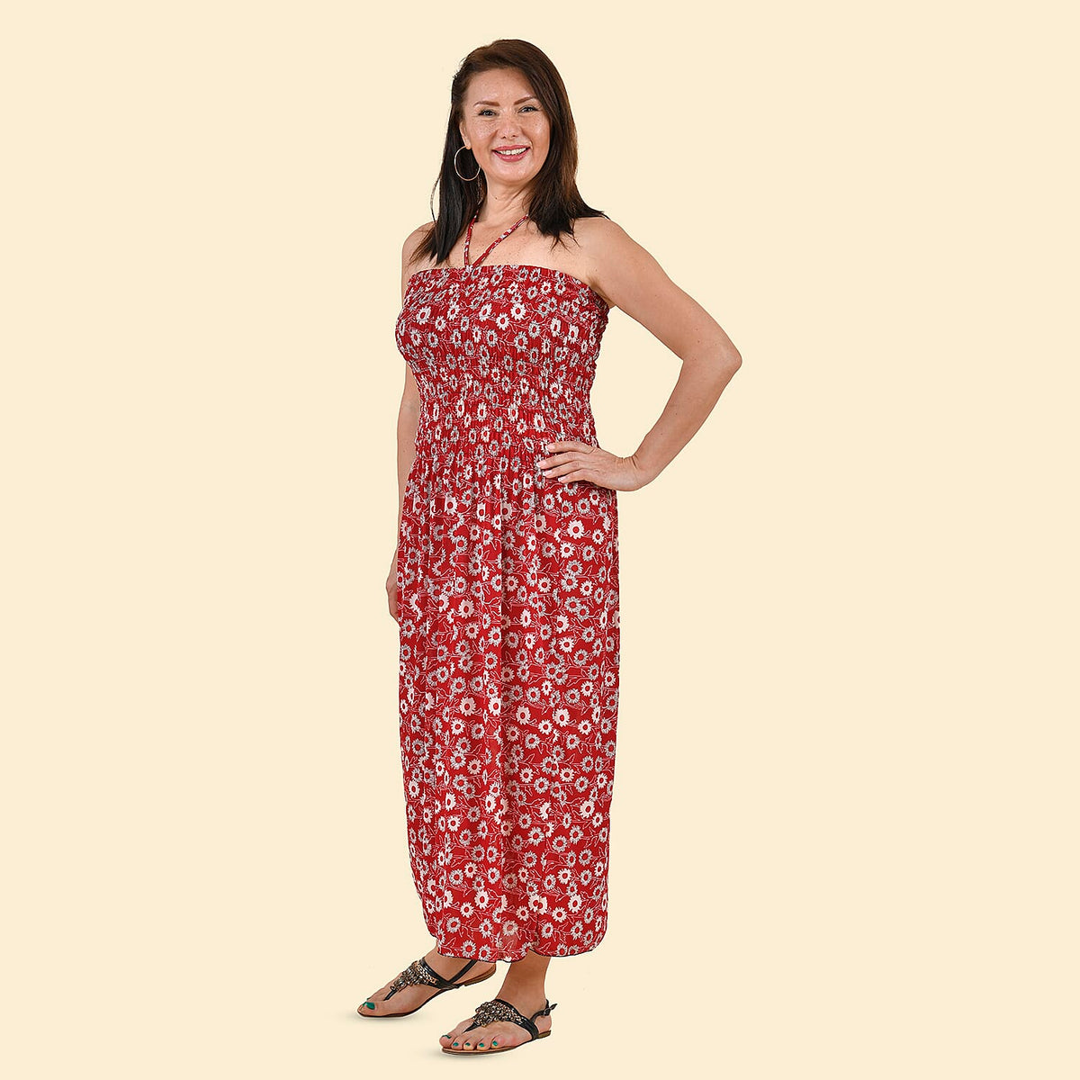 TAMSY Floral Pattern Smocked Dress  - Red and Off White 7322020 3