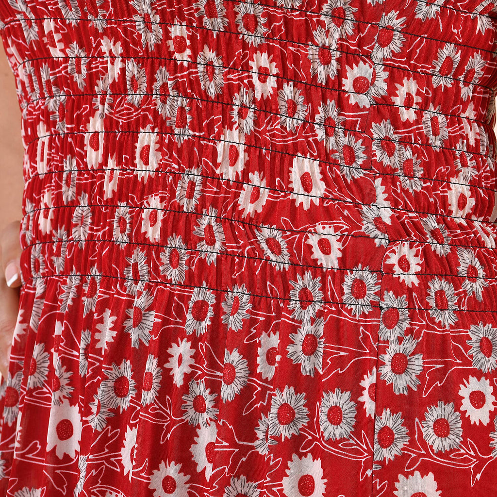 TAMSY Floral Pattern Smocked Dress (Size 8-20) - Red & Off White
