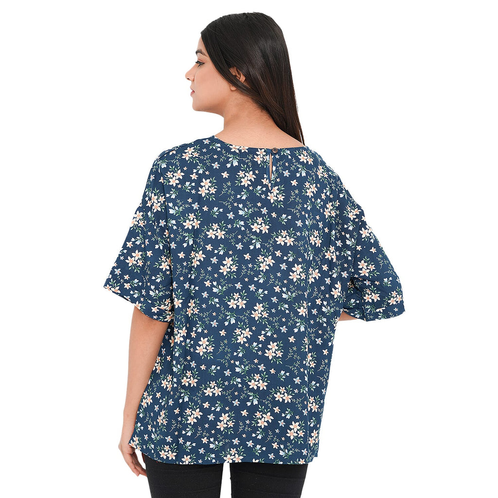 TAMSY 100% Viscose Floral Pattern Top (Size L,16-18) - Turquoise