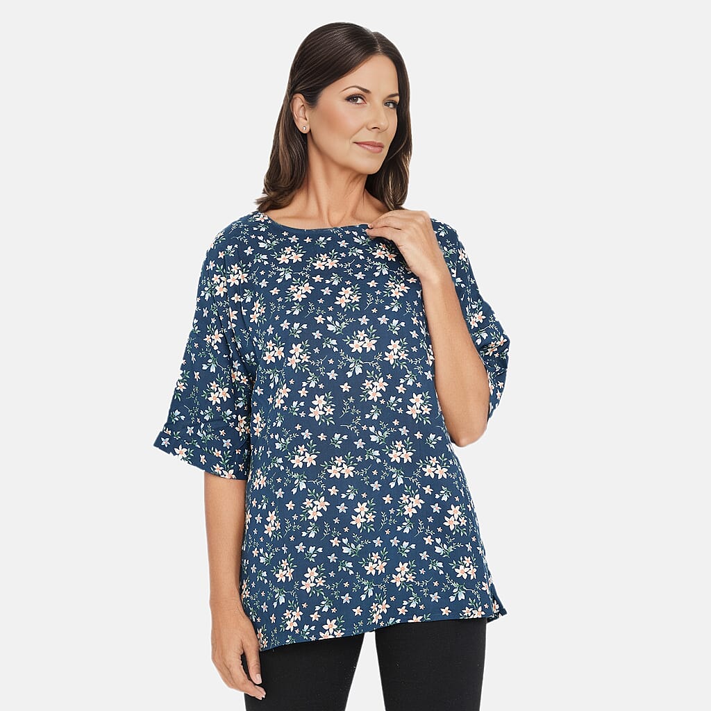 TAMSY 100% Viscose Floral Pattern Top (Size L,16-18) - Turquoise