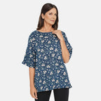 TAMSY 100% Viscose Floral Pattern Top (Size L,16-18) - Turquoise