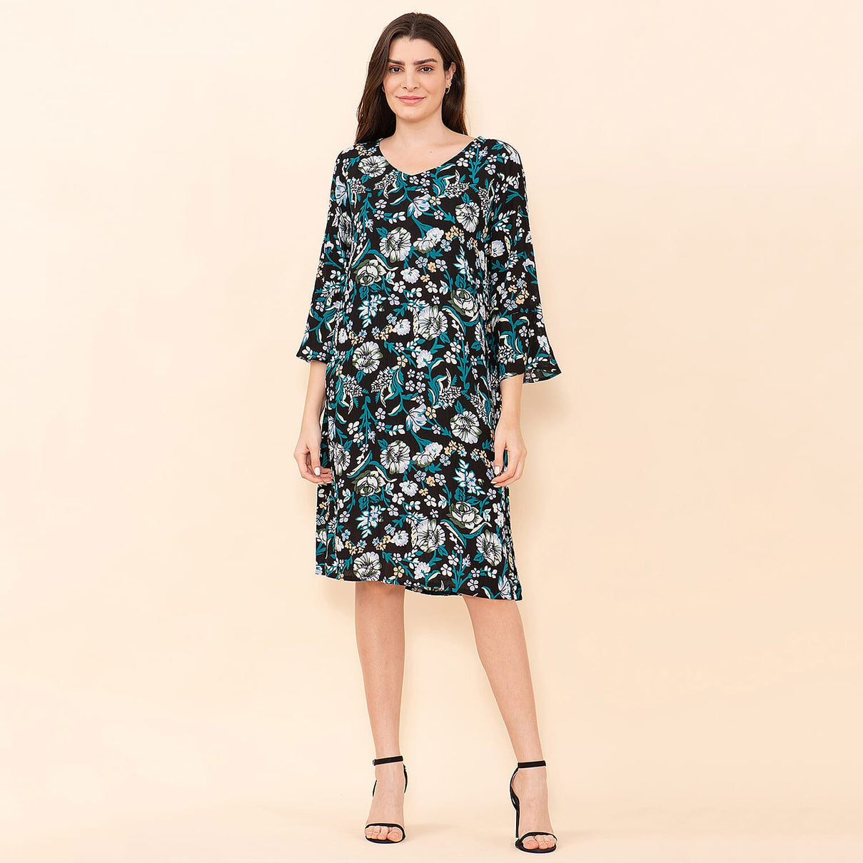 TAMSY Floral Pattern Women's Midi Dress - Black, Teal and Multi 7597516 0