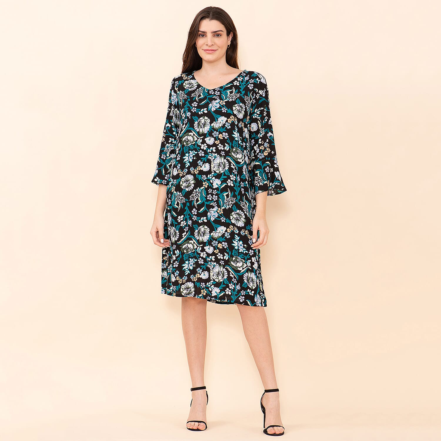 TAMSY Floral Pattern Women's Midi Dress - Black, Teal and Multi 7597516 0