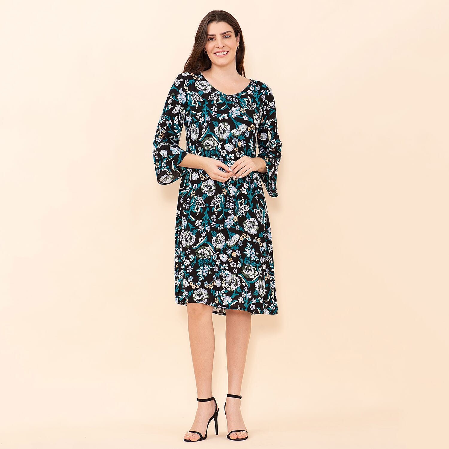 TAMSY Floral Pattern Women's Midi Dress - Black, Teal and Multi 7597516 3