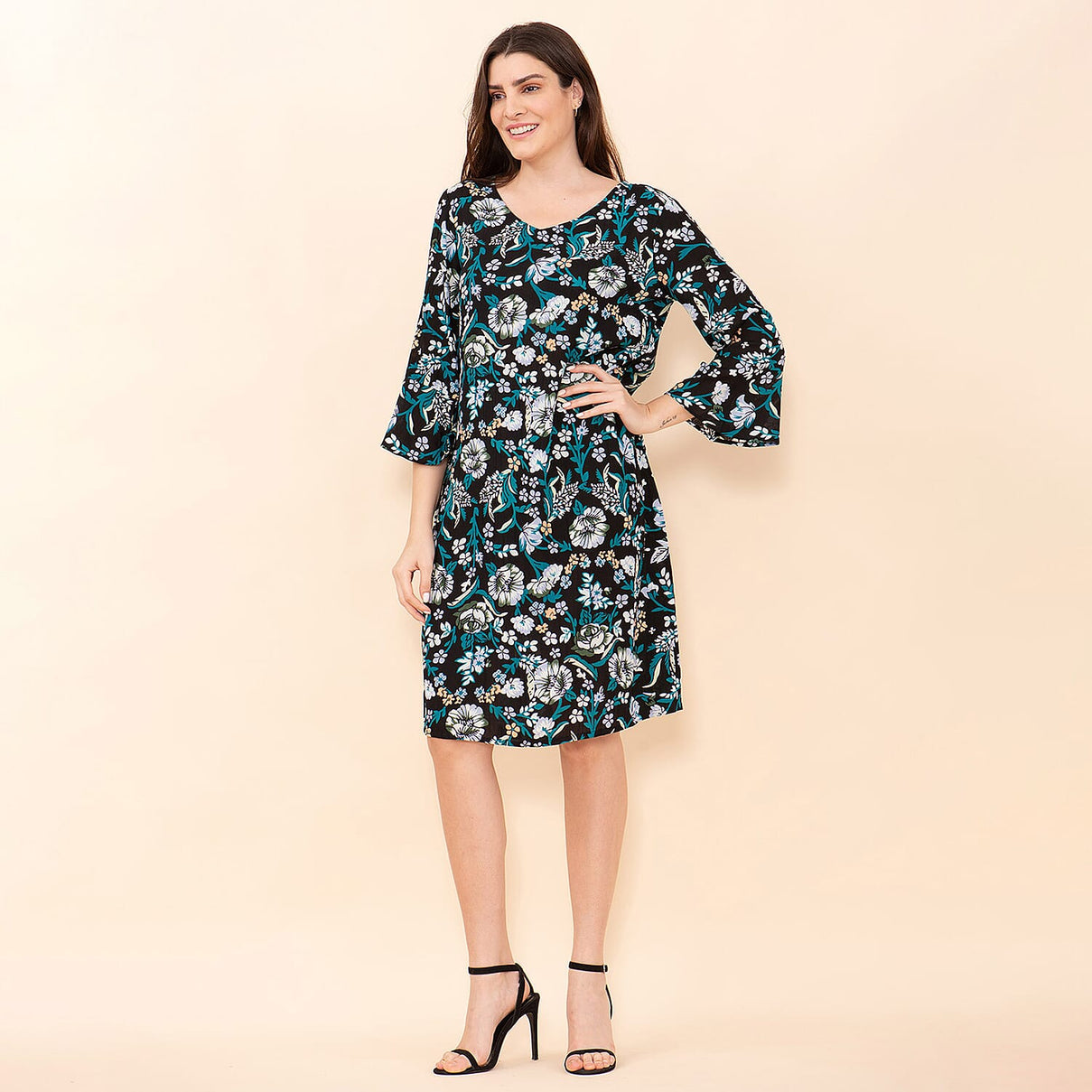TAMSY Floral Pattern Women's Midi Dress - Black, Teal and Multi 7597516 4