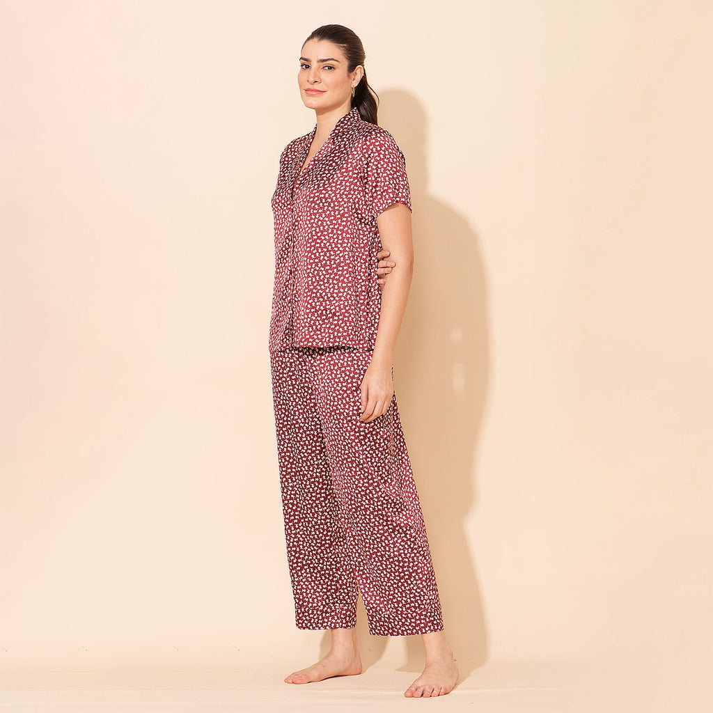 TAMSY Floral Pattern Nightwear Set (Size L) - Maroon