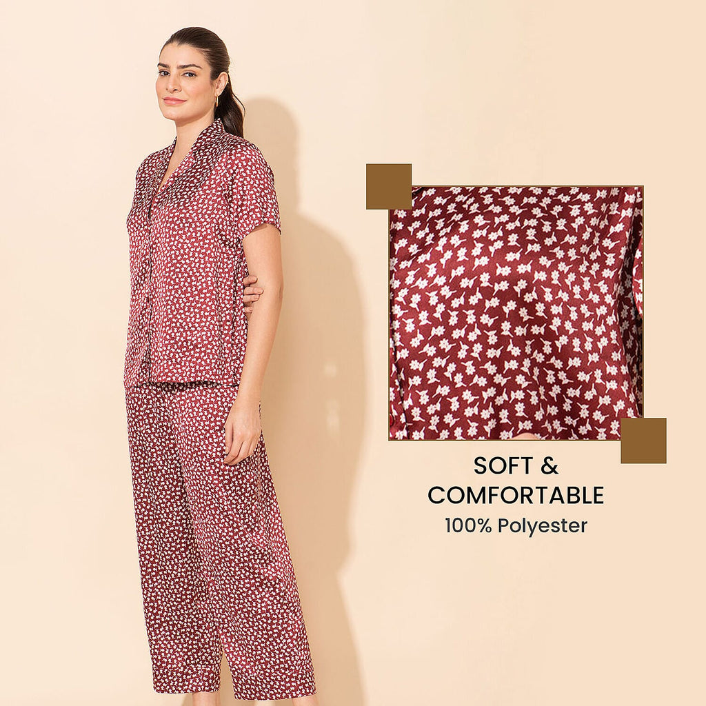 TAMSY Floral Pattern Nightwear Set (Size L) - Maroon