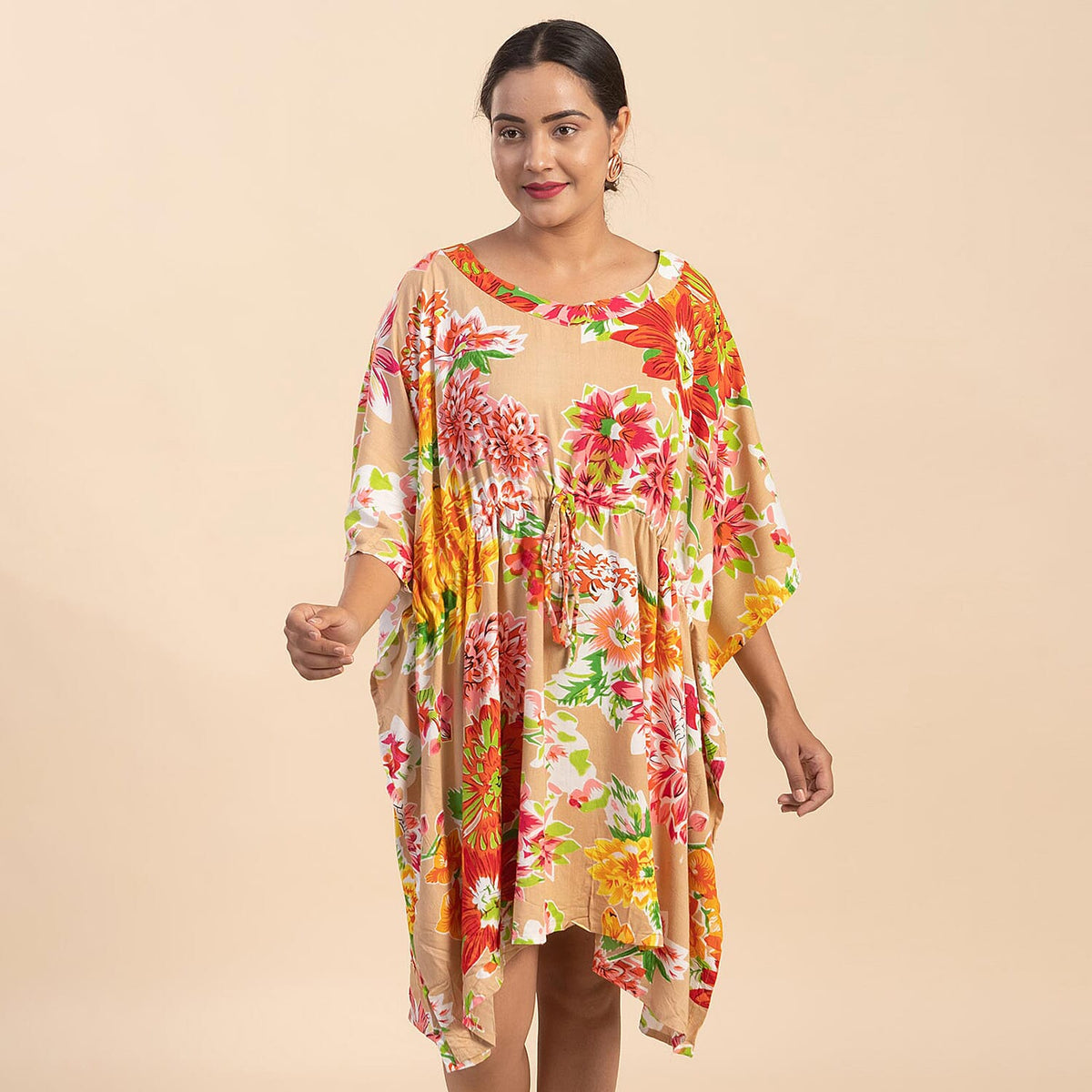 TAMSY Floral Pattern Women's Short Kaftan with Drawstring - Beige 6639746 0