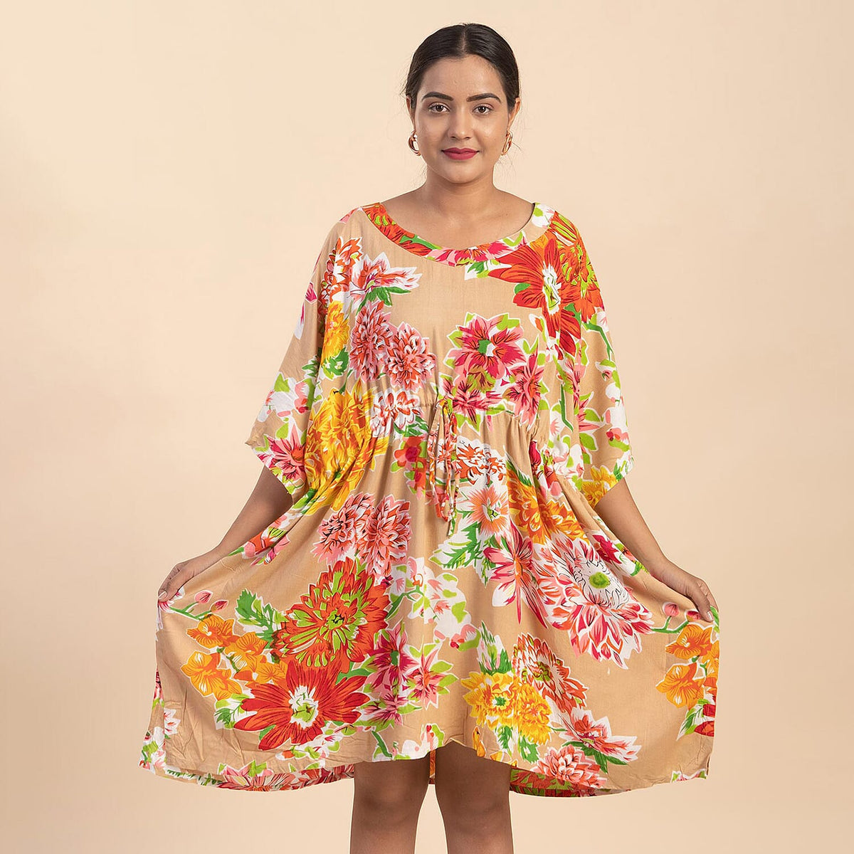 TAMSY Floral Pattern Women's Short Kaftan with Drawstring - Beige 6639746 2