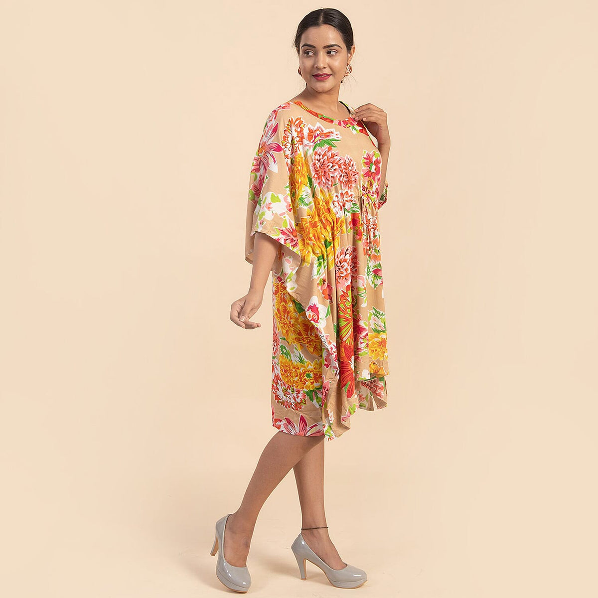 TAMSY Floral Pattern Women's Short Kaftan with Drawstring - Beige 6639746 3