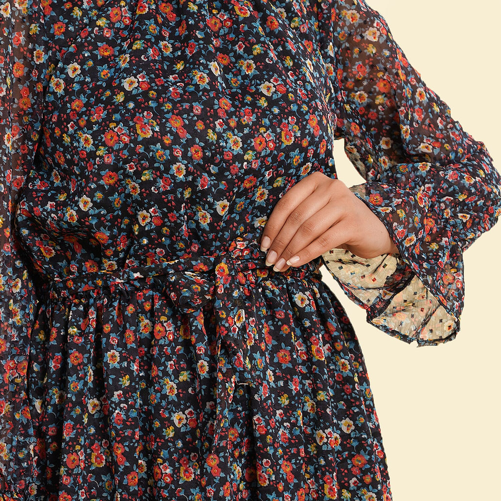 Floral Printed Dress (Size XL, 20-22) - Black