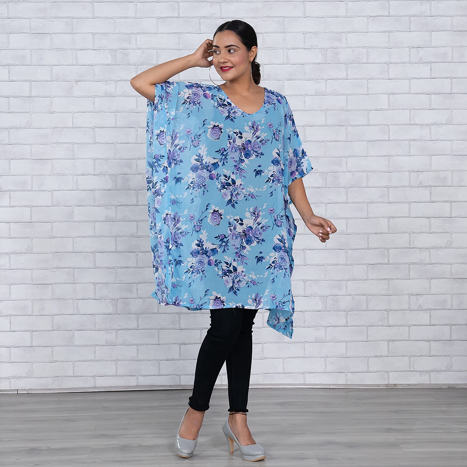 TAMSY Floral Printed V-Neck Women's Top - Blue 7317316 3