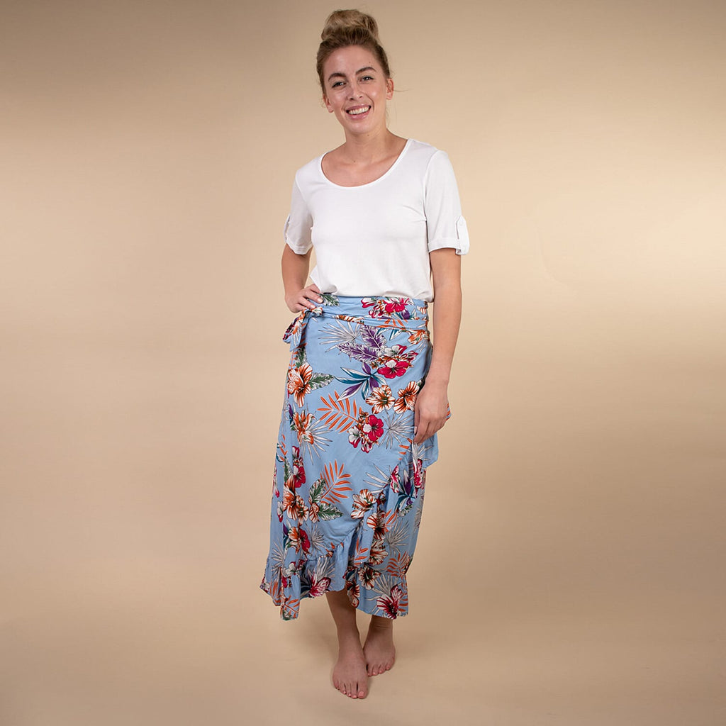 100% Rayon Floral Printed Wrap Skirt (Size 8-16) - Light Blue & Multi