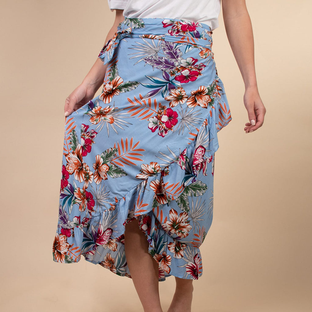 100% Rayon Floral Printed Wrap Skirt (Size 8-16) - Light Blue & Multi