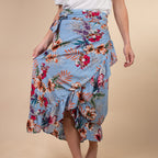 100% Rayon Floral Printed Wrap Skirt (Size 8-16) - Light Blue & Multi