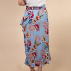100% Rayon Floral Printed Wrap Skirt (Size 8-16) - Light Blue & Multi
