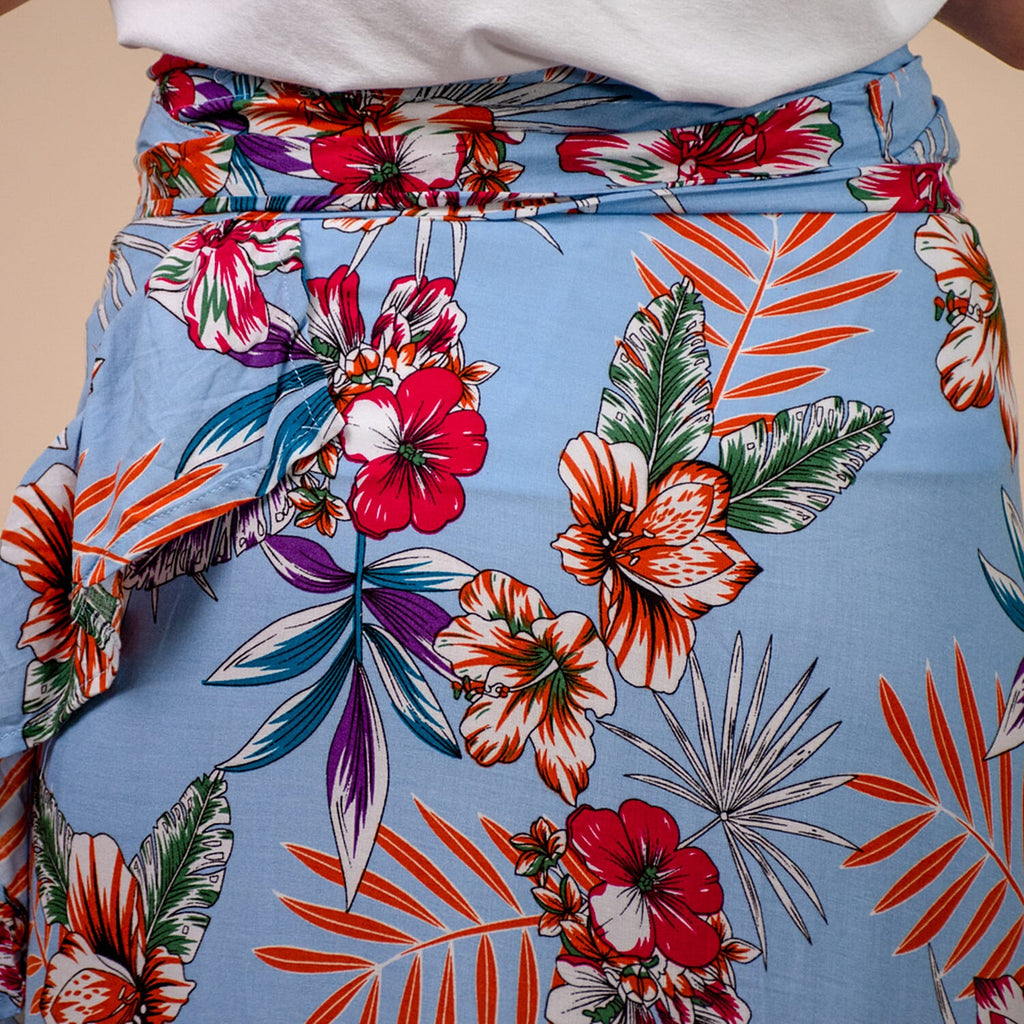 100% Rayon Floral Printed Wrap Skirt (Size 8-16) - Light Blue & Multi