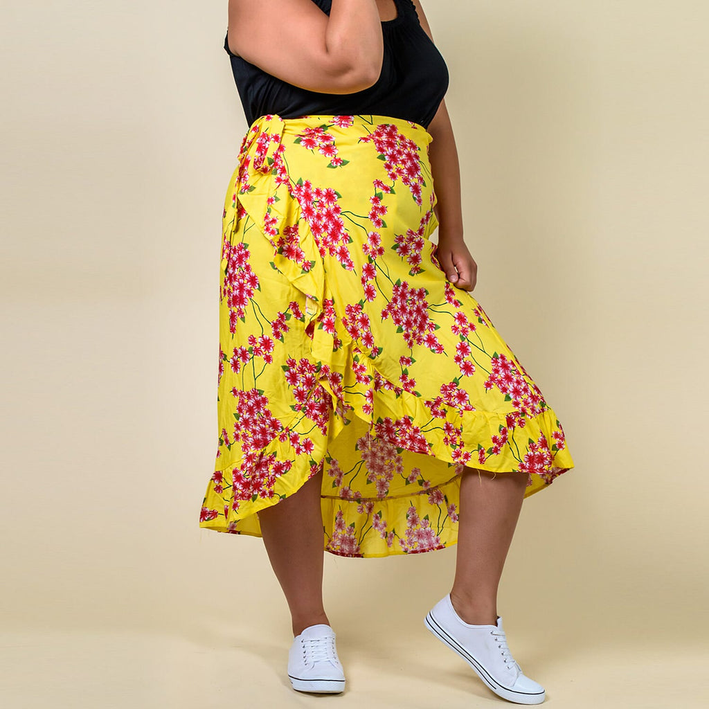 100% Rayon Floral Printed Wrap Skirt (Size 8 - 16) - Yellow & Red