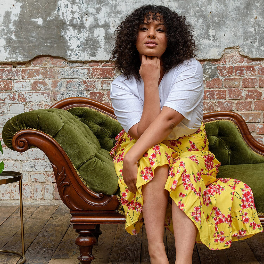 100% Rayon Floral Printed Wrap Skirt (Size 8 - 16) - Yellow & Red