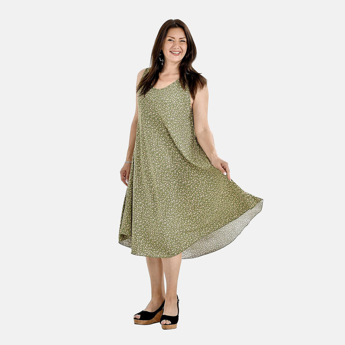 TAMSY Flowy Umbrella Midi Dress - White and Green 7368692 0