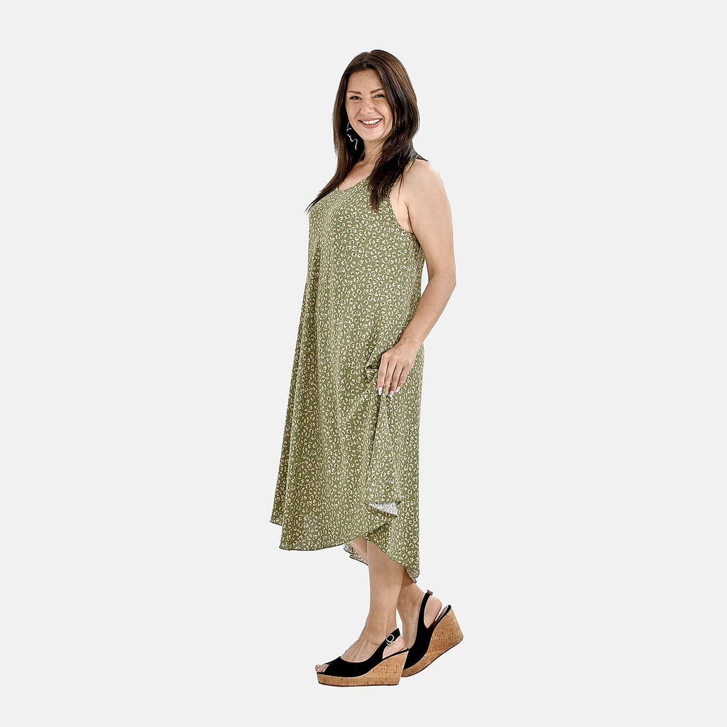 TAMSY Floral Print Midi Umbrella Dress (One Size 8-18) - Sage Green