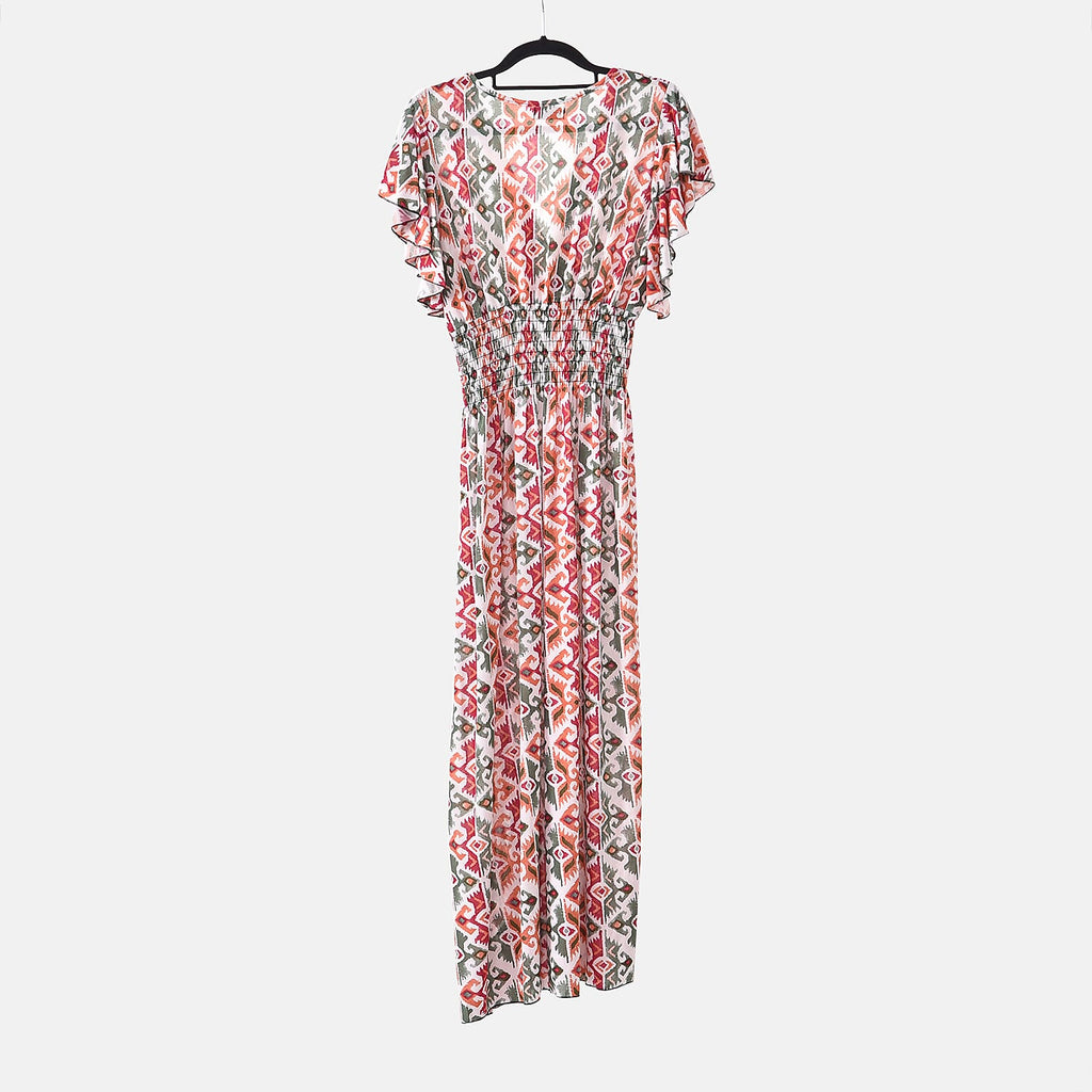 TAMSY Irregular Pattern Flutter Sleeve Smocked Midi Dress (One Size, 8-16) - Purple - Blue