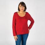 TAMSY Full Sleeves Striped Top (Size L, 16-18) - Red & White