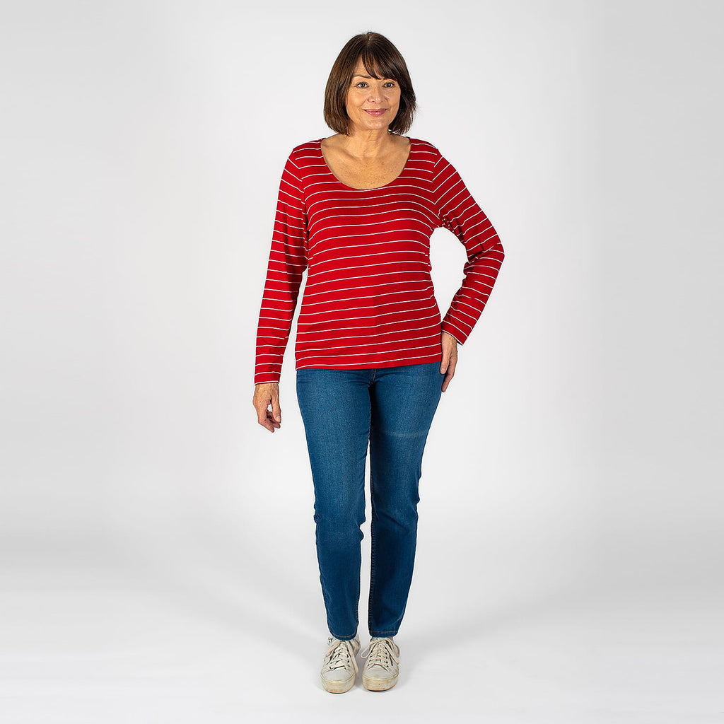 TAMSY Full Sleeves Striped Top (Size L, 16-18) - Red & White