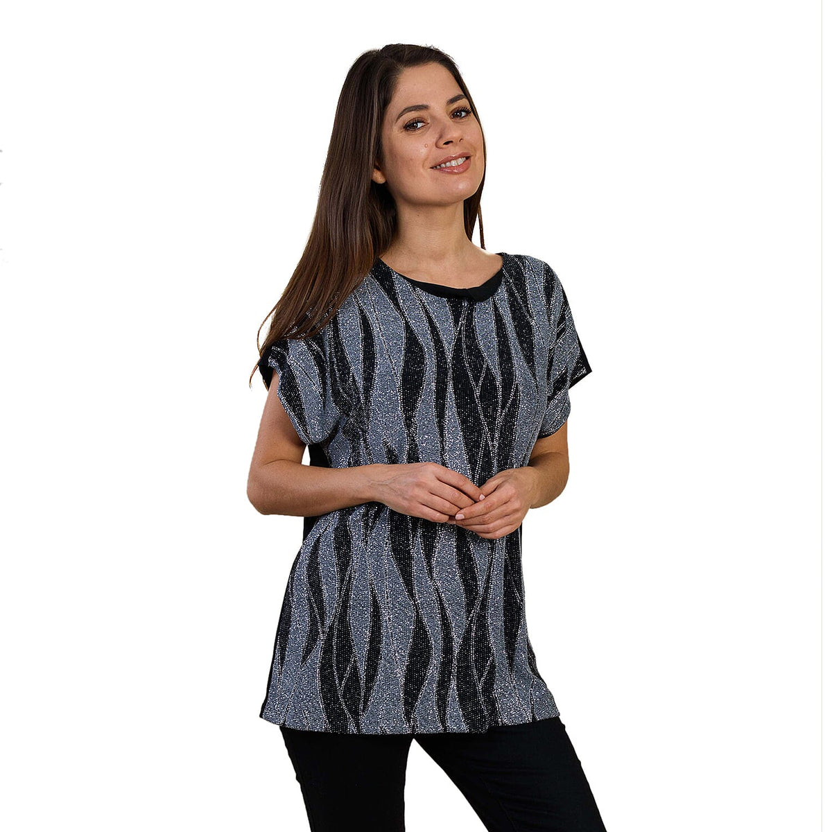 TAMSY Geometric Pattern Sequin Top  - Grey and Black 3883521 0