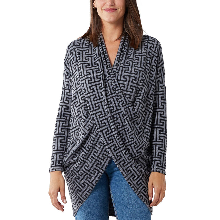 TAMSY Geometric Print Draped Neck Tunic - Black and Grey 7281464 1