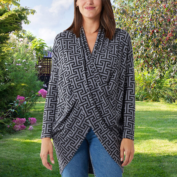 TAMSY Geometric Print Draped Neck Tunic - Black and Grey 7281464 2