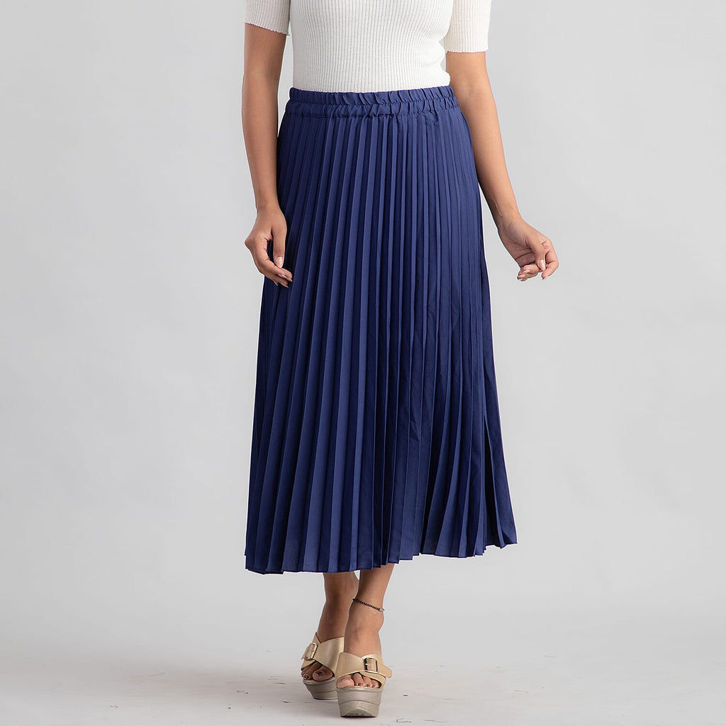 Women Umbrella Flare Pleated Elasticated Skirt (Size-L, 16-18) - Deep Cobalt Blue