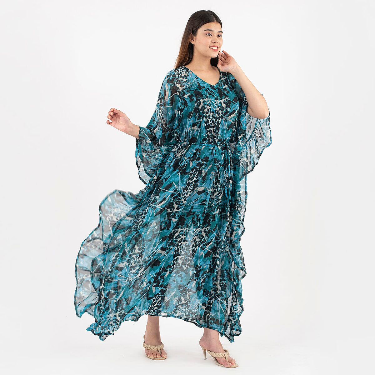 TAMSY Kaftan With Waist Tie Drawstring and Ruffle Hem  - Turquoise 7013052 2