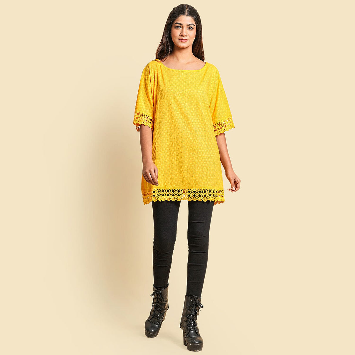 TAMSY Lace Detailing 100% Cotton Women's Top - Yellow 7760179 0
